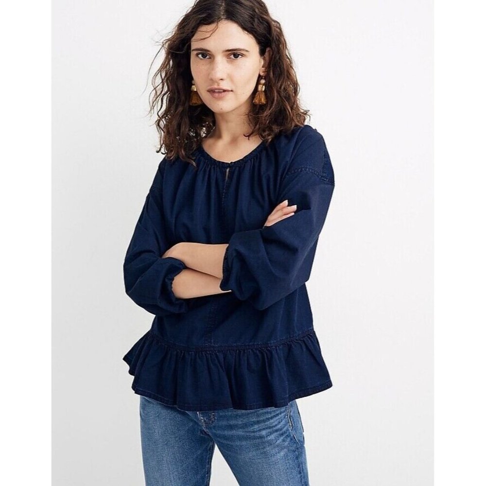 Madewell‎ Womens XXS Shirt Indigo Ruffle Hem Top Blue Oversized Chambray Cotton